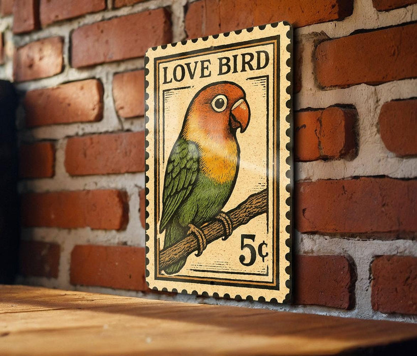 A vintage postage stamp featuring a colorful parrot perched on a branch, with the text "LOVE BIRD" and a value of 5 cents.