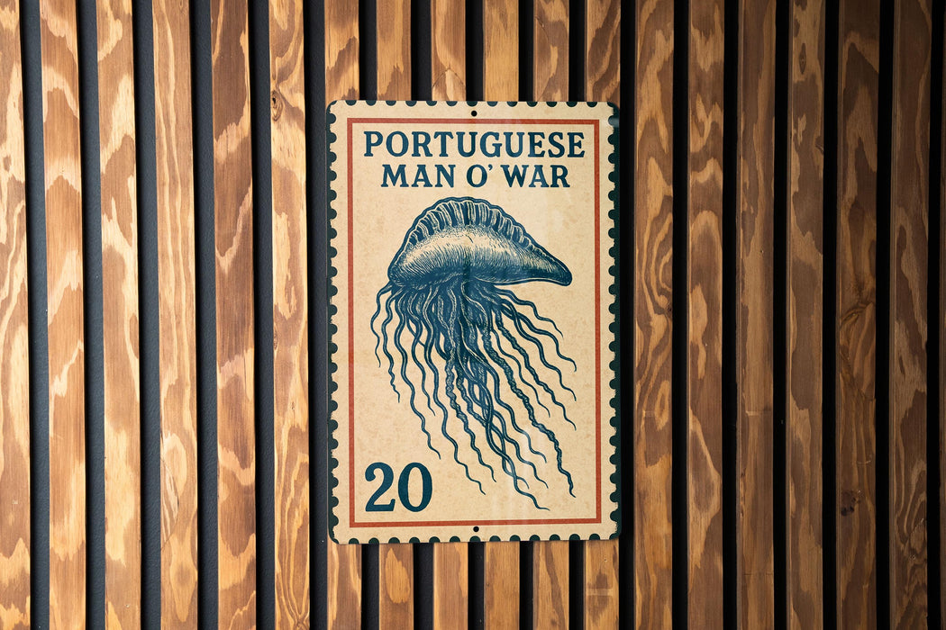 A vintage Portuguese postage stamp featuring an illustration of a jellyfish is displayed on a wooden wall.