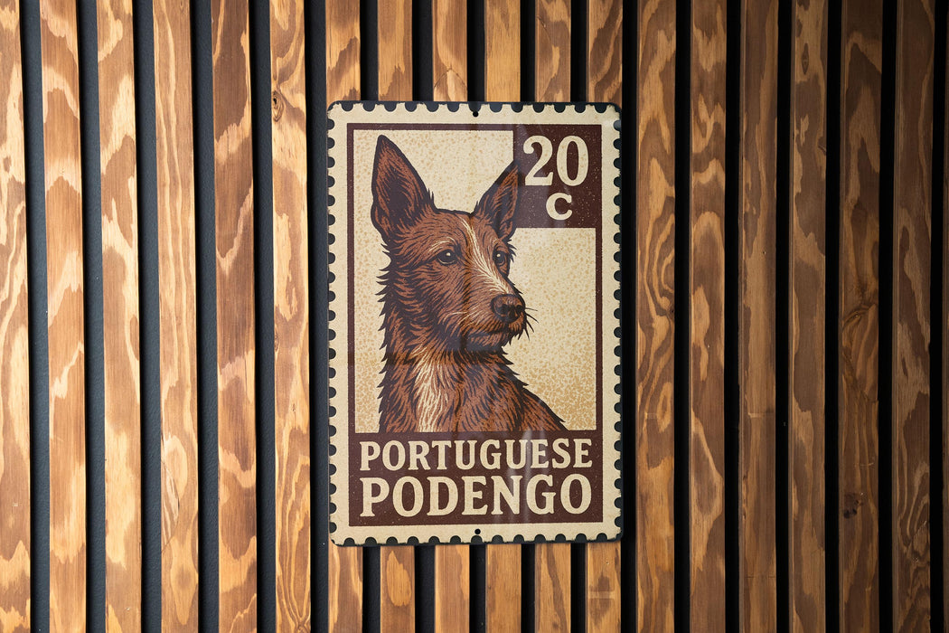 A Portuguese postage stamp featuring a dog's portrait is displayed on a wooden wall.