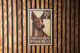 A Portuguese postage stamp featuring a dog's portrait is displayed on a wooden wall.
