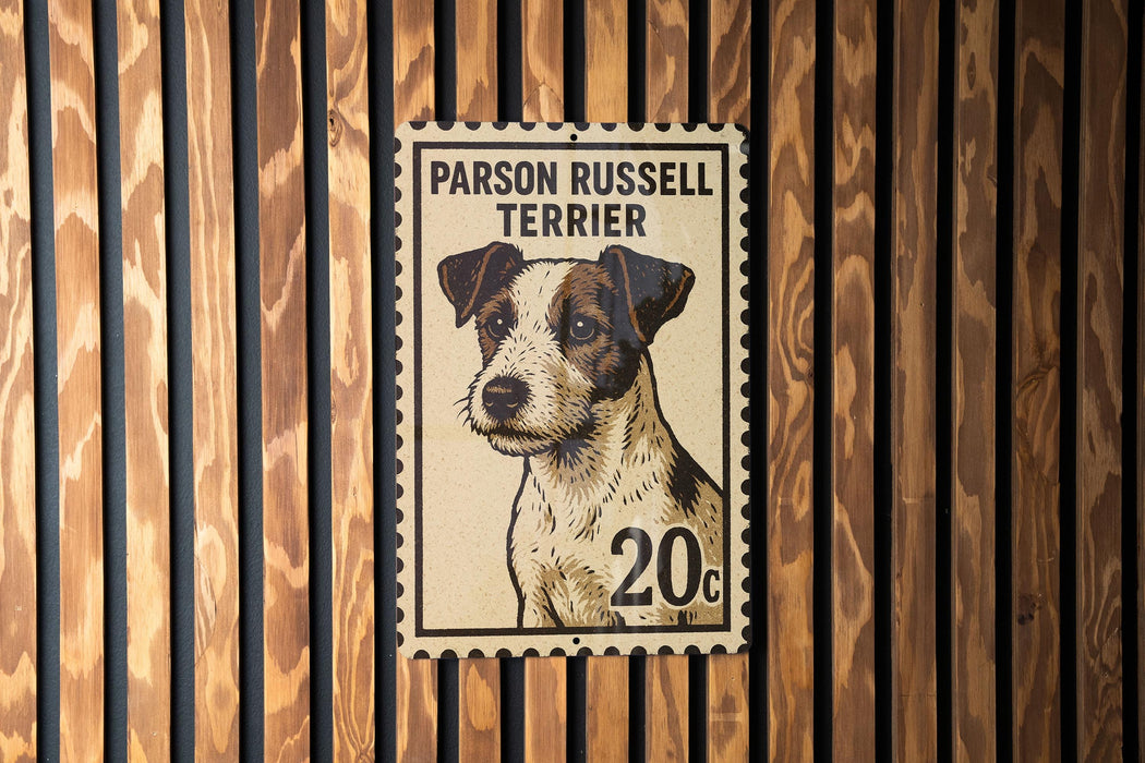 A vintage-style postage stamp featuring a portrait of a Parson Russell Terrier dog.