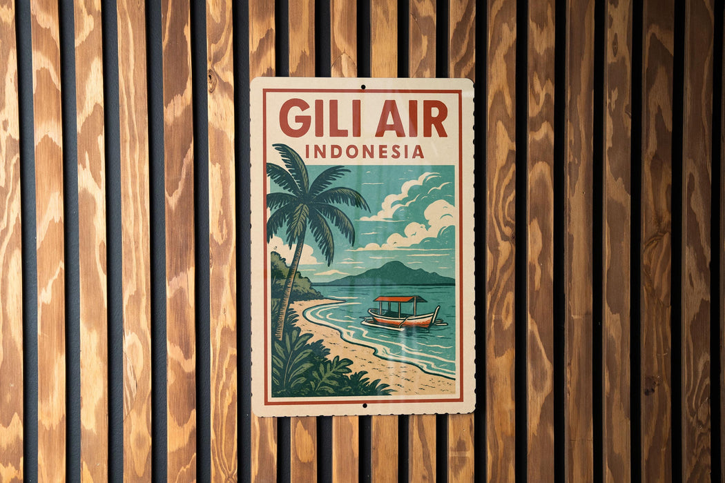 A vintage-style poster advertising Gili Air Indonesia, featuring a palm tree, a boat on the water, and a beach scene.