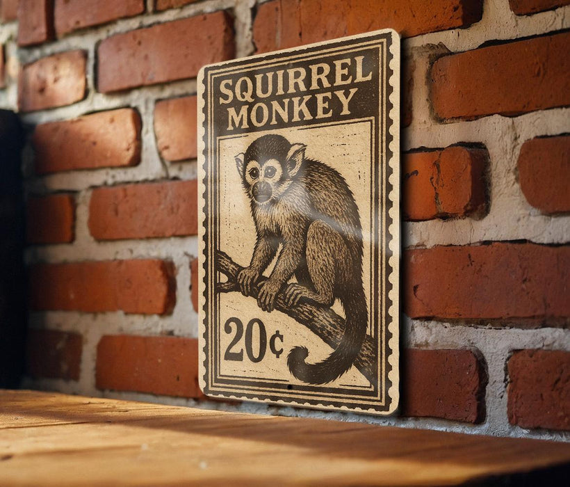 A metal sign featuring a monkey sitting on a branch, with the text "SQUIRREL MONKEY" and a price of 20 cents.