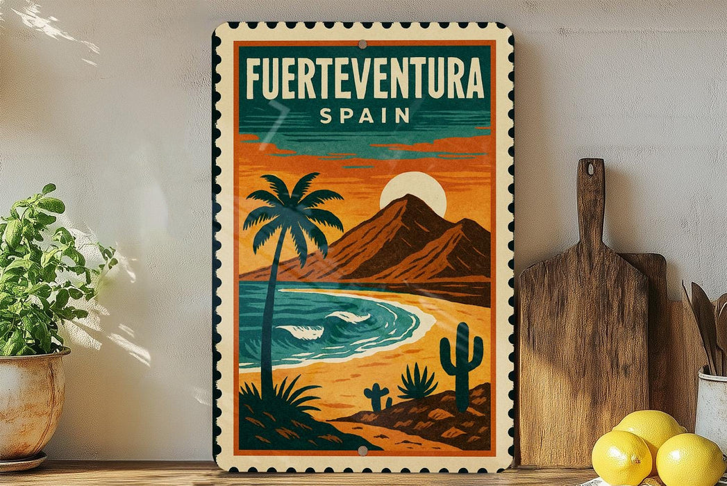 a vintage-style poster of Puerto Vallarta, Spain, with a tropical beach scene and palm trees.