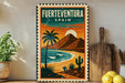 a vintage-style poster of Puerto Vallarta, Spain, with a tropical beach scene and palm trees.