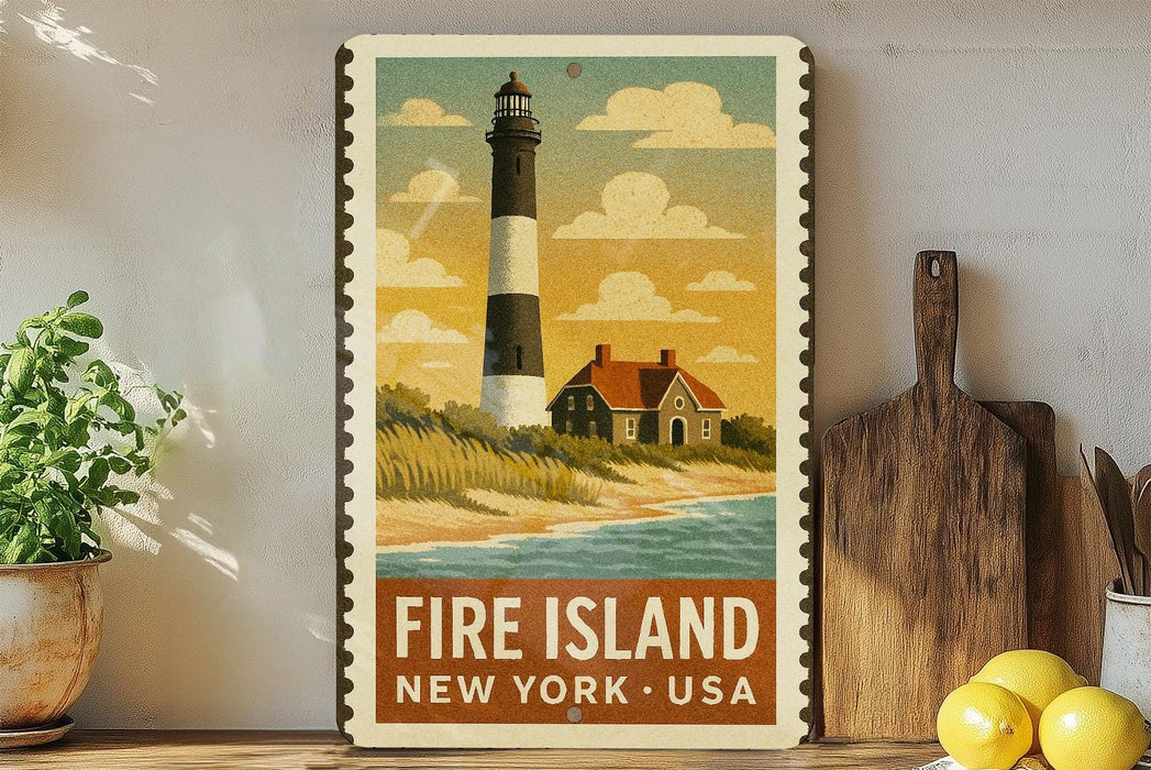 A vintage-style sign depicting a lighthouse on Fire Island, New York, USA, with a coastal landscape and a house in the background.