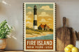 A vintage-style sign depicting a lighthouse on Fire Island, New York, USA, with a coastal landscape and a house in the background.