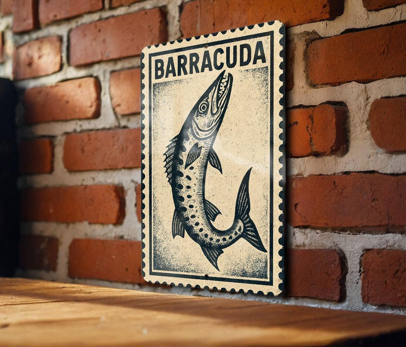 A framed image of a fish, likely a barracuda, is displayed on a brick wall.