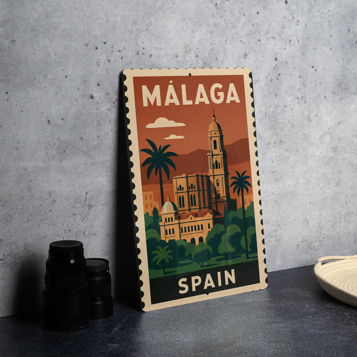 A vintage-style metal sign with the text "MALAGA SPAN" and an illustration of a building and palm trees, placed on a gray surface next to some black camera lenses.