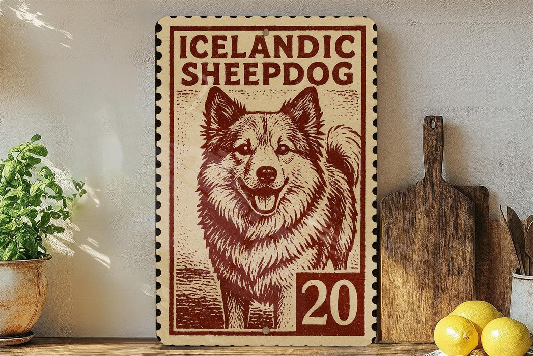 A vintage-style stamp featuring an illustration of an Icelandic sheepdog, with the text "ICELANDIC SHEEPDOG" and the number "20" printed on it. The stamp is placed on a wooden surface, with a potted plant, a wooden cutting board, and some lemons nearby.
