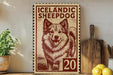 A vintage-style stamp featuring an illustration of an Icelandic sheepdog, with the text "ICELANDIC SHEEPDOG" and the number "20" printed on it. The stamp is placed on a wooden surface, with a potted plant, a wooden cutting board, and some lemons nearby.