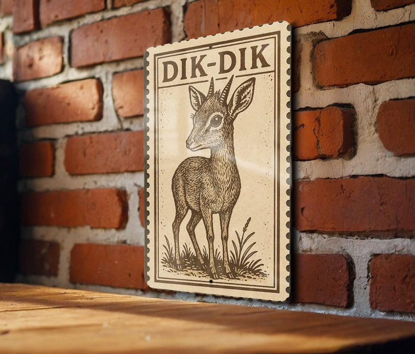 a wooden table with a decorative sign featuring a deer illustration on it, mounted on a brick wall.