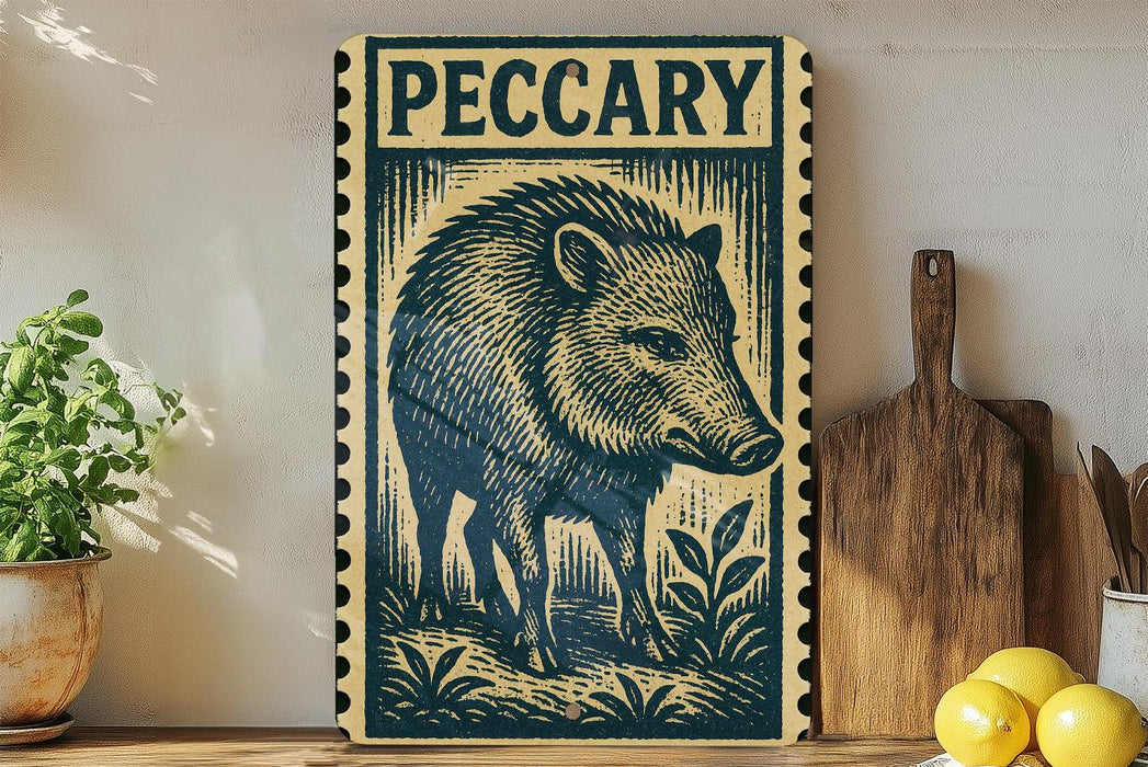 a wooden board with a large illustration of a wild boar, a stamp-like design, and the word "PECCARY" prominently displayed.