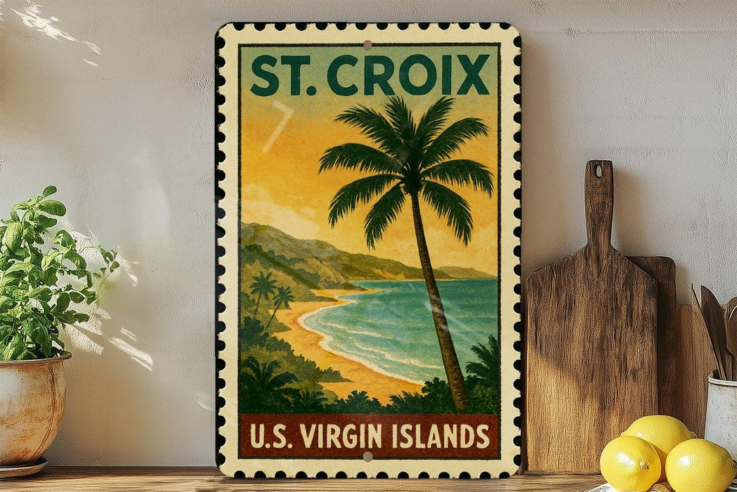 A vintage-style postage stamp depicting a tropical beach scene with palm trees and a sunset over the ocean, placed on a wooden surface next to a wooden cutting board and a potted plant.