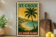 A vintage-style postage stamp depicting a tropical beach scene with palm trees and a sunset over the ocean, placed on a wooden surface next to a wooden cutting board and a potted plant.