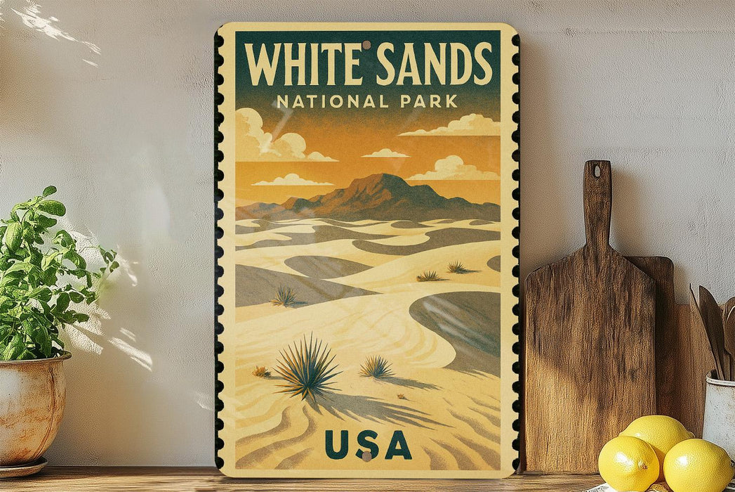 A vintage-style poster of White Sands National Park in the USA, featuring a desert landscape with mountains and a cloudy sky.