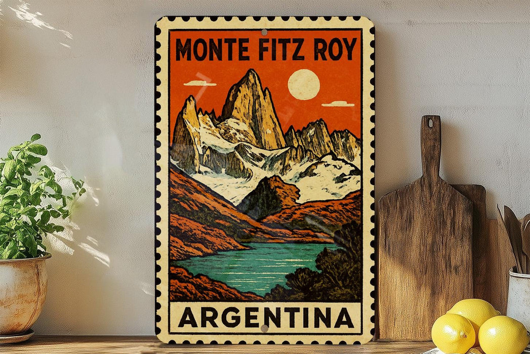A vintage-style poster of the Monte Fitz Roy mountain range in Argentina, featuring a colorful illustration of the peaks and a lake.