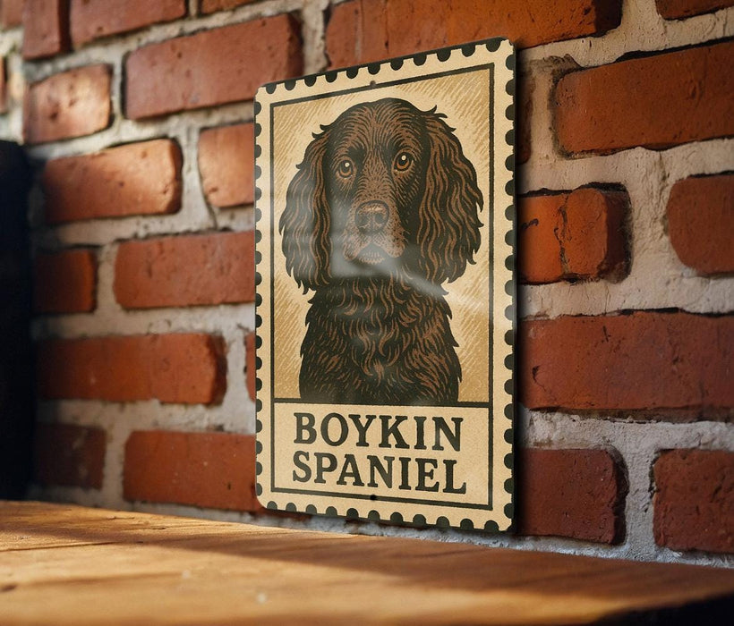 A framed illustration of a Boykin Spaniel dog is displayed on a brick wall.