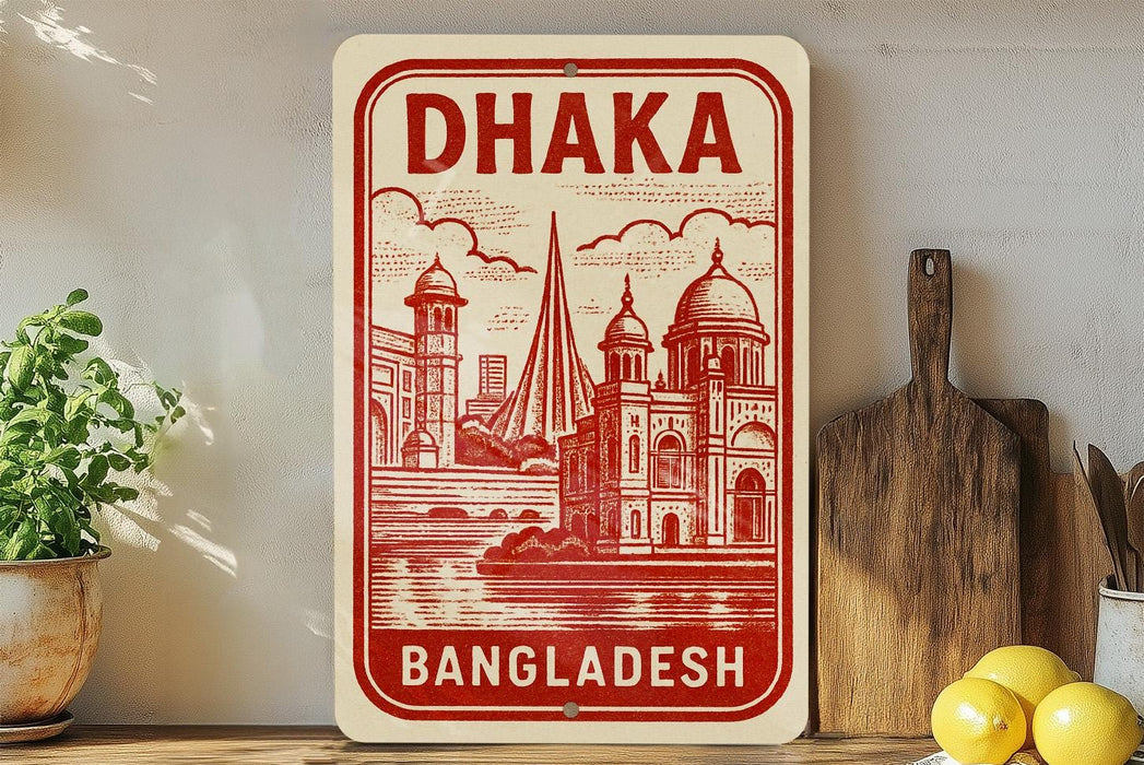 a sign for Bangladesh, with a red and white design depicting a cityscape and a boat.