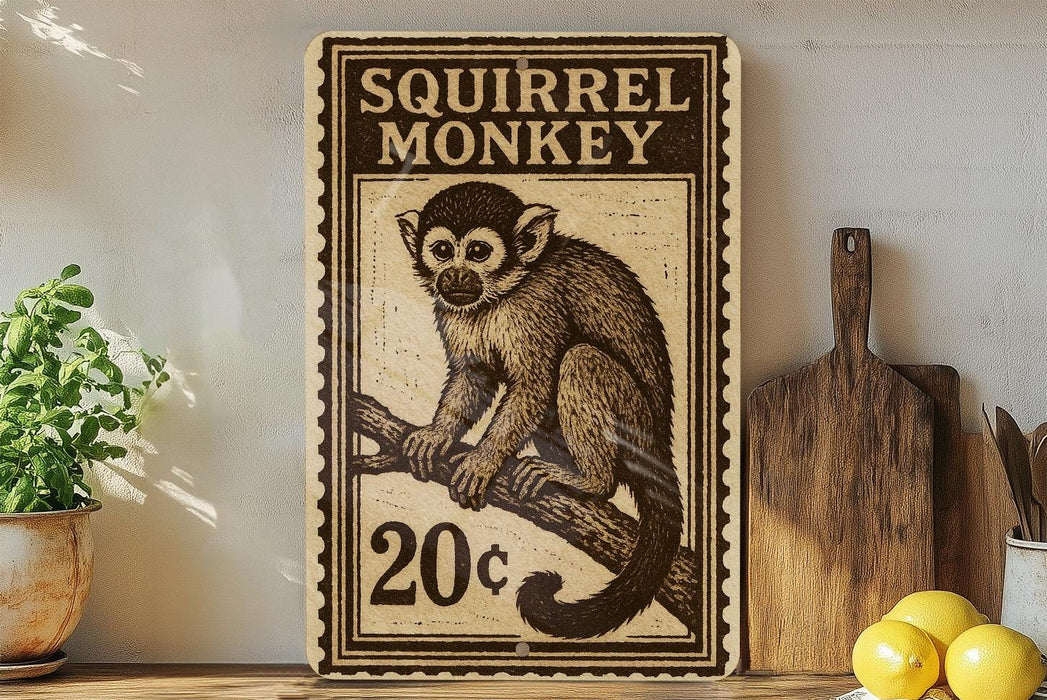 A vintage-style metal sign featuring a monkey illustration, with the text "SQUIRREL MONKEY" and a price of 20 cents.