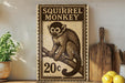 A vintage-style metal sign featuring a monkey illustration, with the text "SQUIRREL MONKEY" and a price of 20 cents.