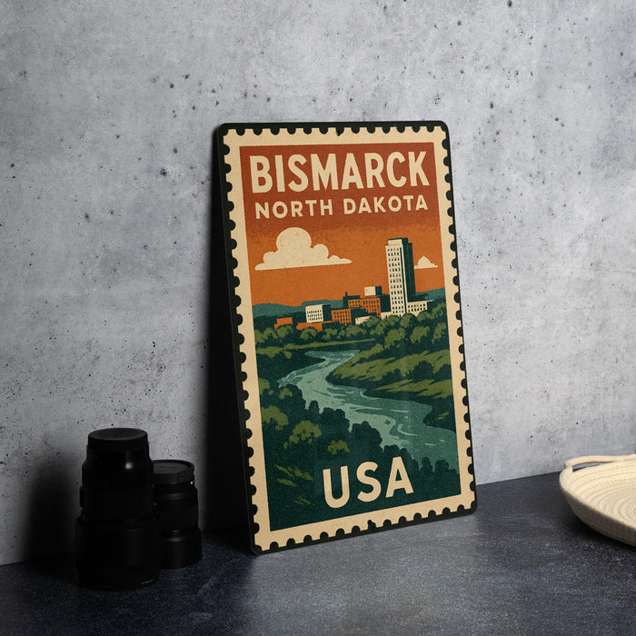 A vintage postage stamp depicting Bismarck, North Dakota, USA, with a cityscape and river in the background.