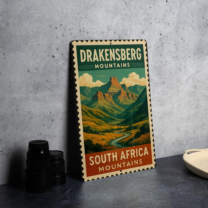 A metal poster with a mountain landscape and text, placed on a gray surface next to some black camera lenses.