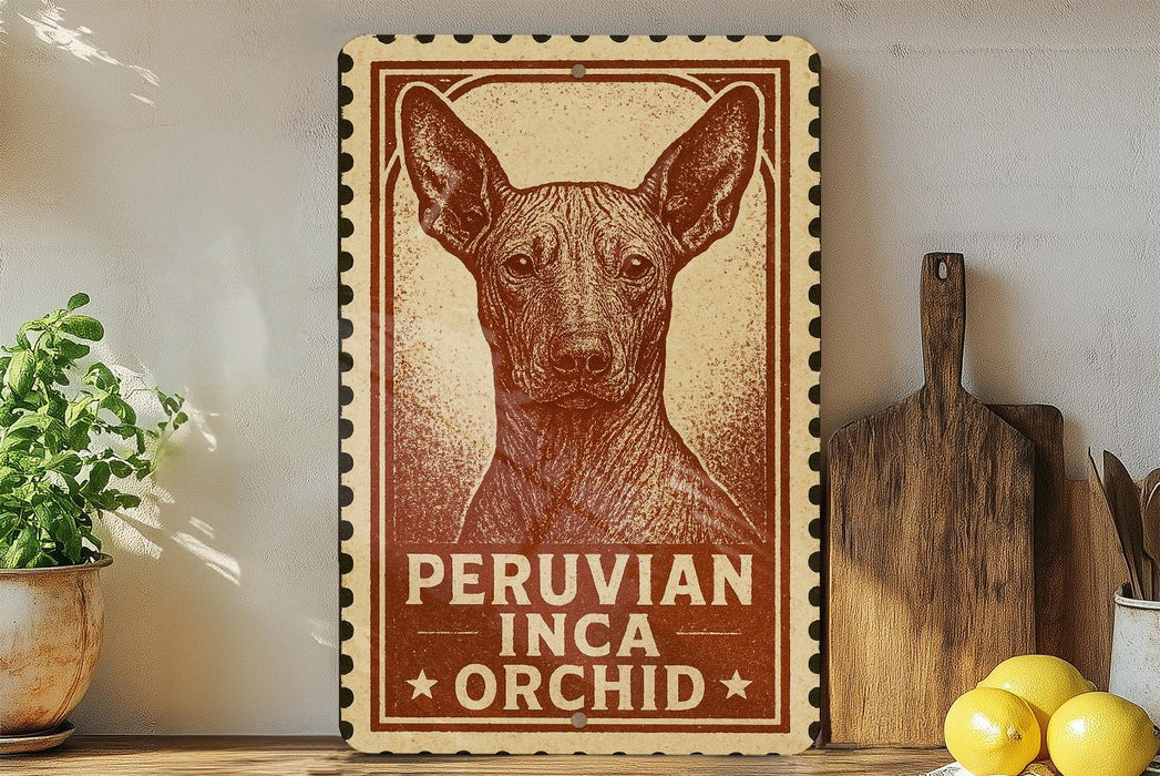 a wooden sign with a Peruvian Inca orchid illustration, placed on a wooden surface next to a potted plant and a wooden cutting board.