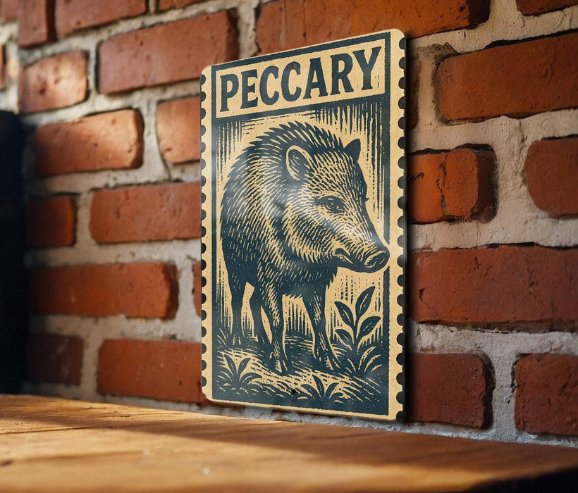 A wooden table with a decorative metal plaque featuring a black and white illustration of a wild boar.