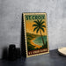 A vintage-style metal sign with a tropical beach scene and palm trees, featuring the text "ST. CROIX U.S. Virgin Islands".