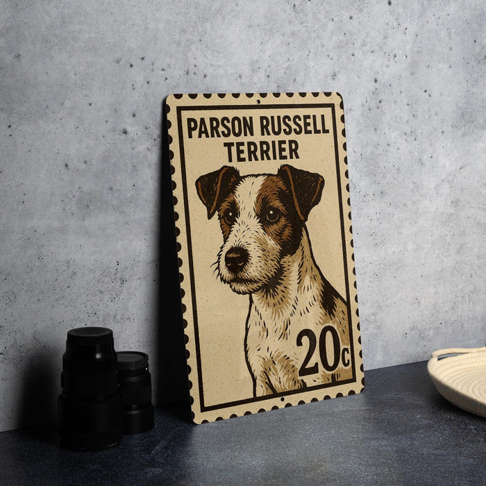 A poster of a Parson Russell Terrier dog, which appears to be a postage stamp-like design, is displayed on a table next to some black camera lenses.