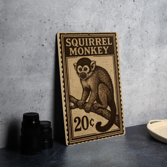 A wooden sign featuring a squirrel monkey, with the text "SQUIRREL MONKEY" and the price "20¢" printed on it.