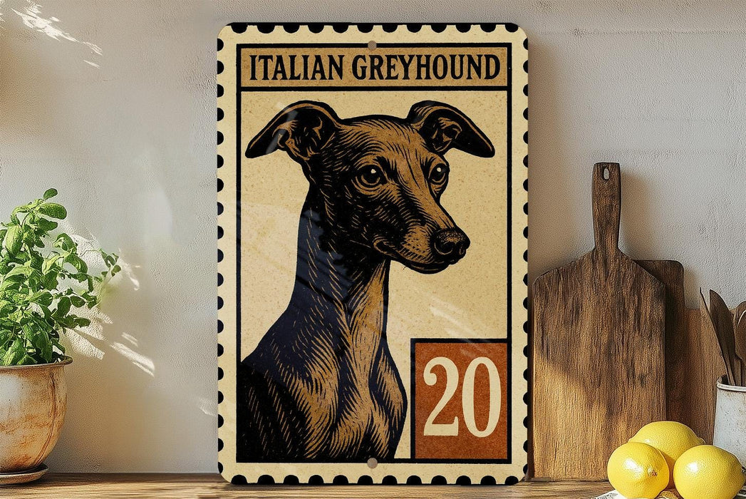 a framed illustration of an Italian Greyhound dog, with the number 20 displayed below the dog's head.