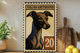 a framed illustration of an Italian Greyhound dog, with the number 20 displayed below the dog's head.