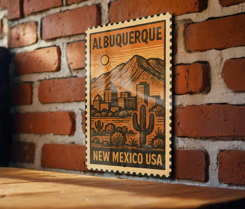 A wooden postcard with a graphic of a city and mountains, featuring the text "ALBUQUERQUE NEW MEXICO USA" printed on it, is displayed on a brick wall.