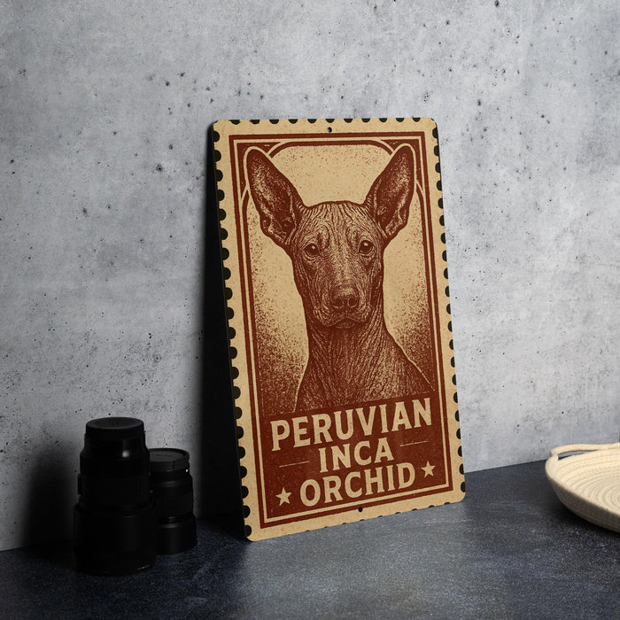 a wooden sign with a Peruvian Inca orchid illustration, placed on a table next to some black camera lenses.