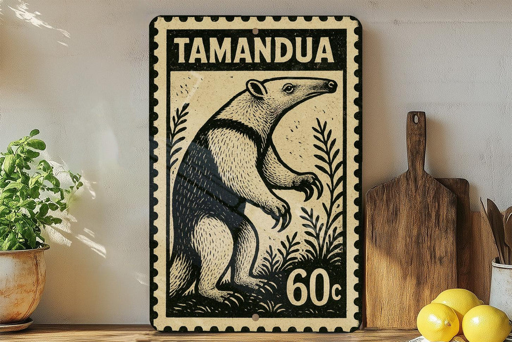 a wall-mounted stamp or sign with a black and white illustration of a large animal, possibly a bear or a badger, along with some text and decorative elements. The sign is placed next to a wooden cutting board, a potted plant, and some lemons.