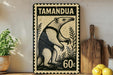a wall-mounted stamp or sign with a black and white illustration of a large animal, possibly a bear or a badger, along with some text and decorative elements. The sign is placed next to a wooden cutting board, a potted plant, and some lemons.
