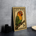 A metal stamp featuring a colorful parrot perched on a branch, with the text "LOVE BIRD" and "5¢" printed on it.