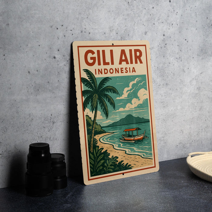 A vintage travel poster for Gili Air Indonesia, featuring a tropical beach scene with a boat and palm trees.