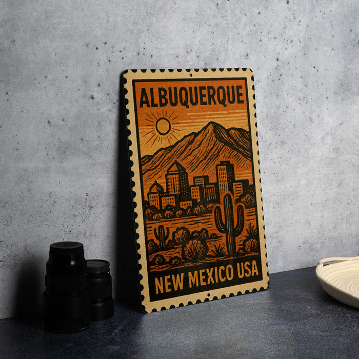 A metal sign with a desert cityscape and mountains in the background, featuring the text "ALBUQUERQUE NEW MEXICO USA" on it.