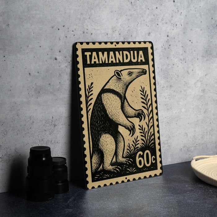 A metal stamp with a picture of a Tamandua (tamandua) and the text "TAMANDUA" printed on it, along with the denomination "60c". The stamp is placed on a table next to some black camera lenses.