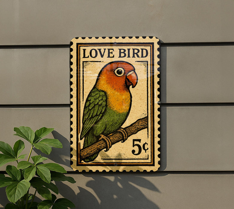 A postage stamp featuring a colorful parrot perched on a branch, with the text "LOVE BIRD" and the denomination of 5 cents.