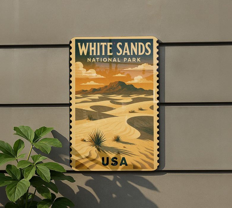 A vintage-style poster for White Sands National Park, featuring a desert landscape with mountains and a cactus in the foreground.