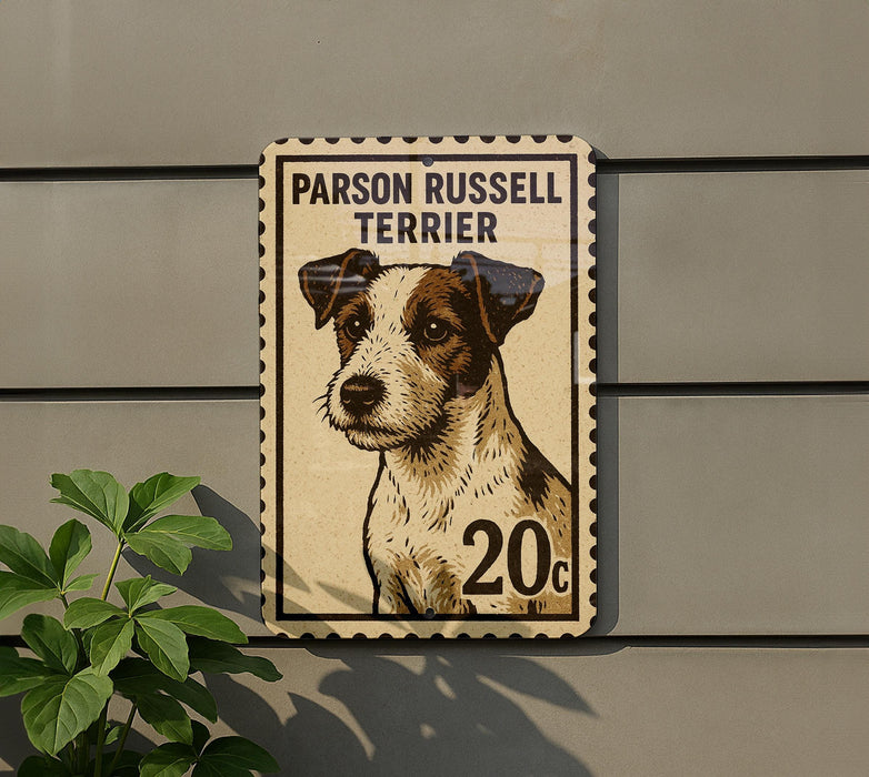 A vintage-style postage stamp featuring a portrait of a Parson Russell Terrier dog, with the text "Parson Russell Terrier" and "20c" printed on it.
