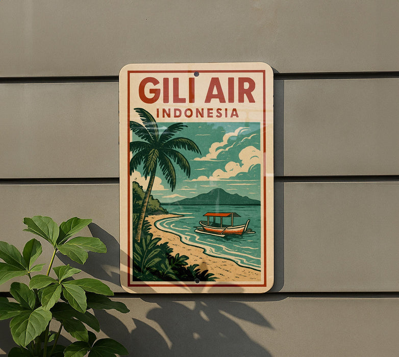 A vintage-style sign for Gili Air Indonesia, featuring a palm tree, beach, and boat, is displayed on a wall.