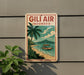 A vintage-style sign for Gili Air Indonesia, featuring a palm tree, beach, and boat, is displayed on a wall.