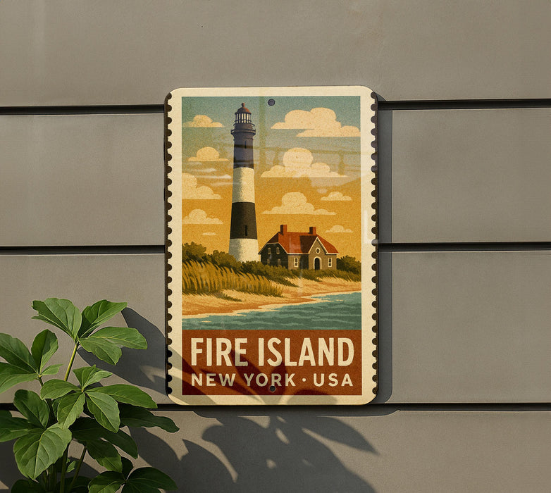 A vintage-style sign depicting a lighthouse and a house, with the text "FIRE ISLAND NEW YORK - USA" on it, is mounted on a gray wall next to a plant.