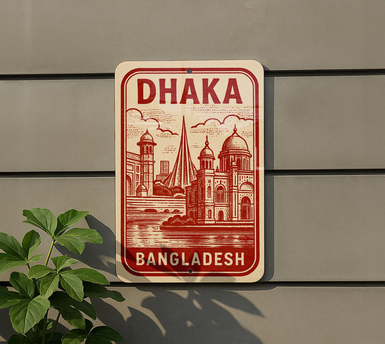 a sign for Bangladesh, with a red and white color scheme and an illustration of a cityscape.