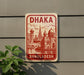 a sign for Bangladesh, with a red and white color scheme and an illustration of a cityscape.